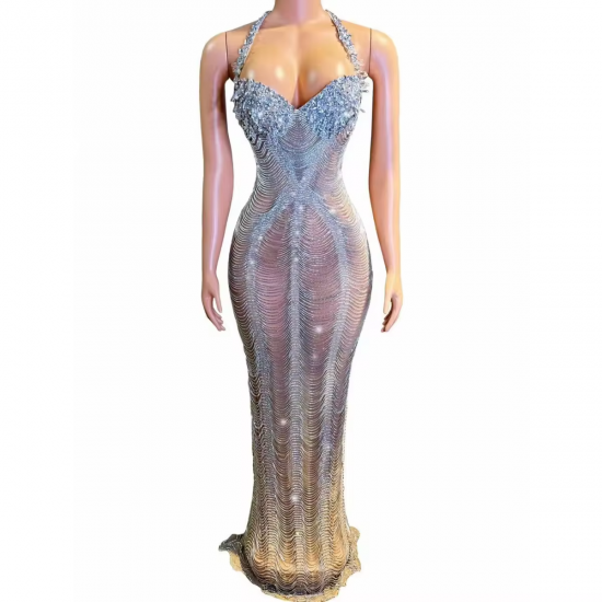 Sexy Women Performance Clothes Halter Backless Sparkly Crystal Transparent Slim Fit Slit Long Performance Dress