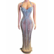 Sexy Women Performance Clothes Halter Backless Sparkly Crystal Transparent Slim Fit Slit Long Performance Dress