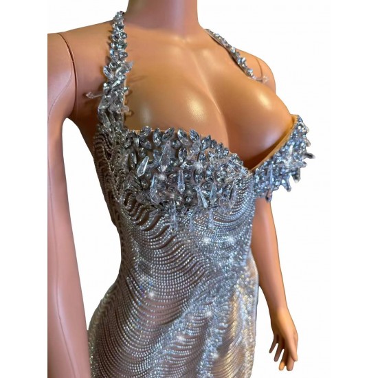 Sexy Women Performance Clothes Halter Backless Sparkly Crystal Transparent Slim Fit Slit Long Performance Dress