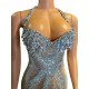 Sexy Women Performance Clothes Halter Backless Sparkly Crystal Transparent Slim Fit Slit Long Performance Dress
