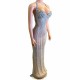 Sexy Women Performance Clothes Halter Backless Sparkly Crystal Transparent Slim Fit Slit Long Performance Dress