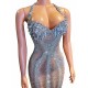 Sexy Women Performance Clothes Halter Backless Sparkly Crystal Transparent Slim Fit Slit Long Performance Dress