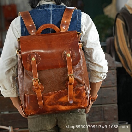 New High-end Italian High Fat Vegetable Tanned Cowhide Leather Backpack Computer Bag Student Backpack Travel Bag