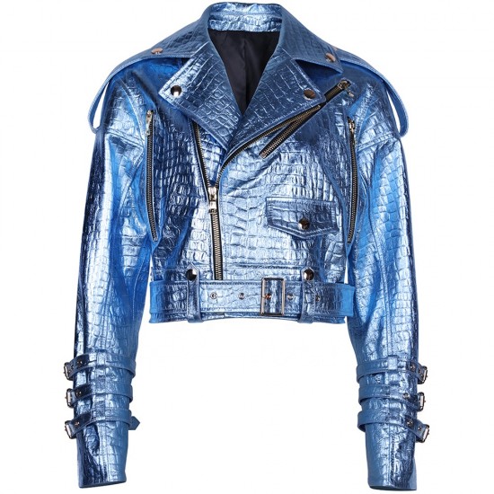 2025 Spring Shinny Blue Crocodile Textured Leather Jackets Women Real Sheepskin Coats Women Natural Motorcycle Clothes