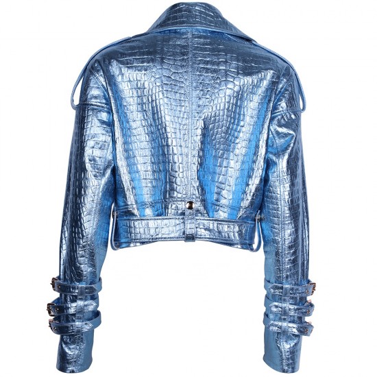 2025 Spring Shinny Blue Crocodile Textured Leather Jackets Women Real Sheepskin Coats Women Natural Motorcycle Clothes