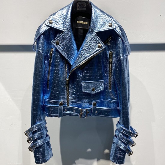 2025 Spring Shinny Blue Crocodile Textured Leather Jackets Women Real Sheepskin Coats Women Natural Motorcycle Clothes