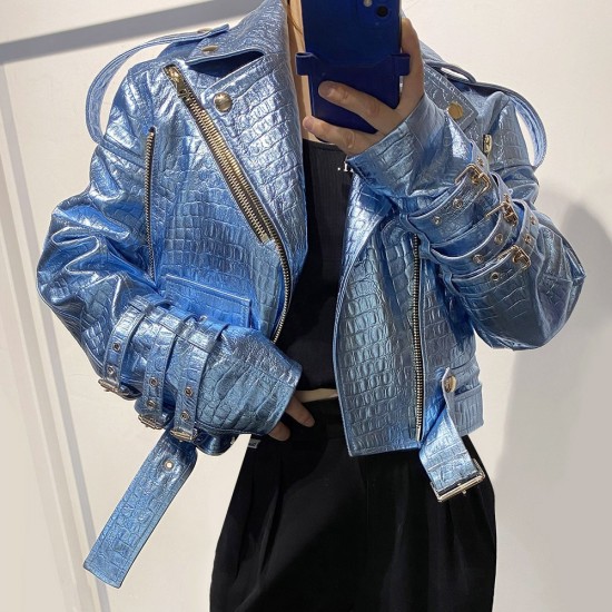 2025 Spring Shinny Blue Crocodile Textured Leather Jackets Women Real Sheepskin Coats Women Natural Motorcycle Clothes