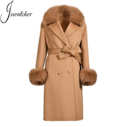 Classic Style Women Double Layer Wool Handmade Sew Coat Wholesale Women Cashmere Wool Coat With Real Fur