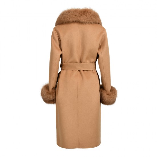 Classic Style Women Double Layer Wool Handmade Sew Coat Wholesale Women Cashmere Wool Coat With Real Fur