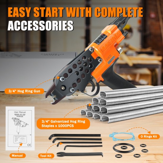 KAMSIN K-SC7C 15 Gauge Pneumatic Hog Ring Gun Kit-3/4" C Ring Stapler with 1000PCS Staples (4.8mm Closure) for Fish Cages
