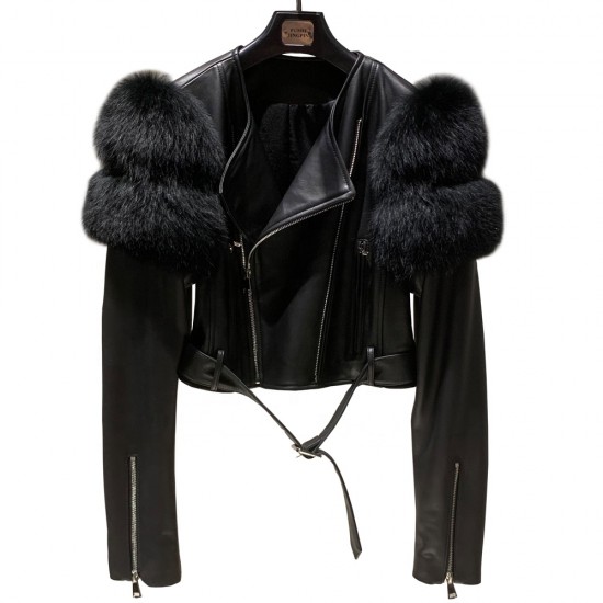 Hot Sales Cropped Warms Fur Clothes Fur Black Leather Jackets Original fox Leather Jacket