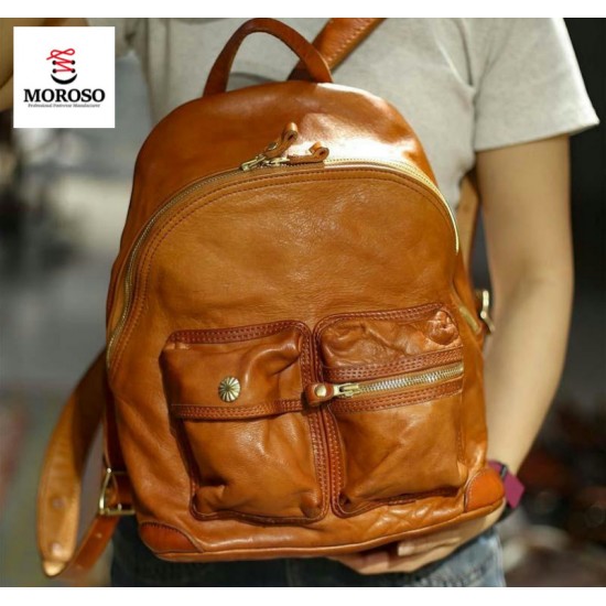 Top Layer Horsehide Tanned Leather Backpack with Handmade Copper Hardware Men's and Women's Fashion Accessory