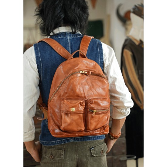 Top Layer Horsehide Tanned Leather Backpack with Handmade Copper Hardware Men's and Women's Fashion Accessory