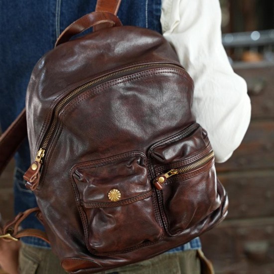 Top Layer Horsehide Tanned Leather Backpack with Handmade Copper Hardware Men's and Women's Fashion Accessory