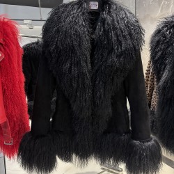 2025 Autumn Black Mongolia Fur Collar Leather Clothes Real Suede Leather Jacket Women Oversized Coat Outerwear Streetwear