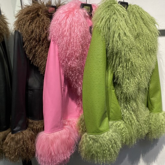 2025 Autumn Black Mongolia Fur Collar Leather Clothes Real Suede Leather Jacket Women Oversized Coat Outerwear Streetwear