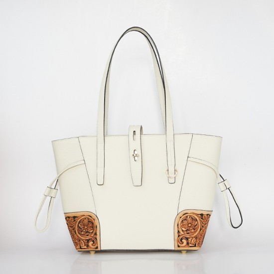 Genuine Leather Carved Western Unique Floral Flower Tote Bag Classic Real Leather Tote Bag