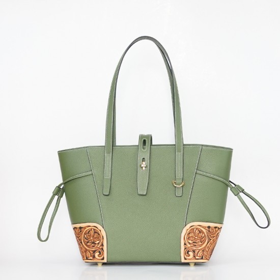 Genuine Leather Carved Western Unique Floral Flower Tote Bag Classic Real Leather Tote Bag