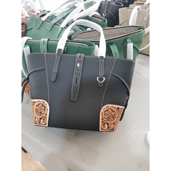 Genuine Leather Carved Western Unique Floral Flower Tote Bag Classic Real Leather Tote Bag