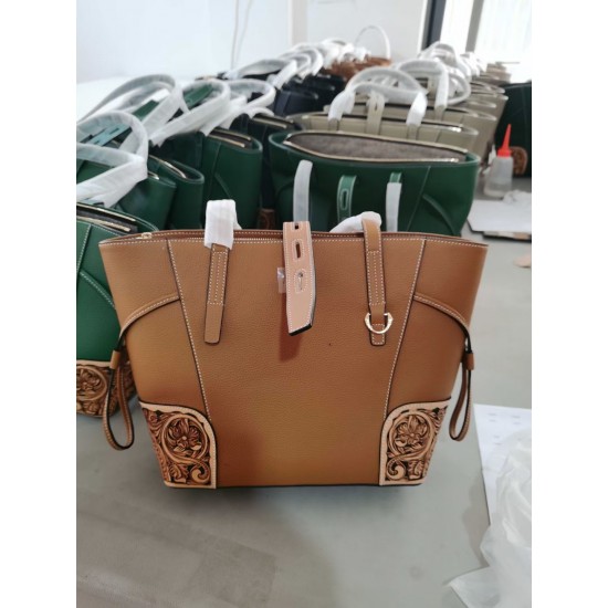 Genuine Leather Carved Western Unique Floral Flower Tote Bag Classic Real Leather Tote Bag