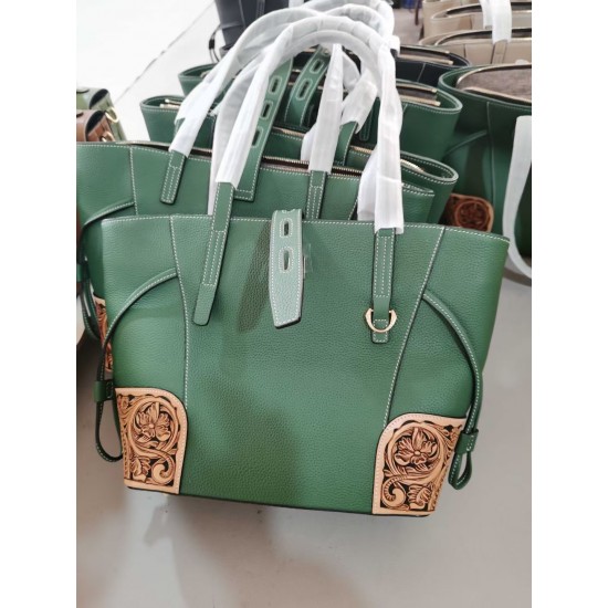 Genuine Leather Carved Western Unique Floral Flower Tote Bag Classic Real Leather Tote Bag