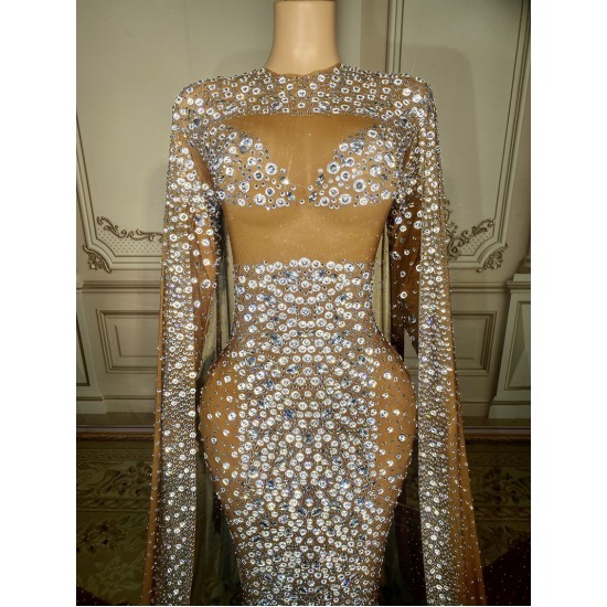 Transparent Mesh Sexy Casual Dress Crystal Fabric Rhinestone Dress Fashion Long Sleeve Casual Clothes for Ladies