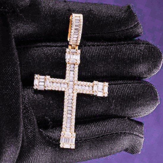 Pass Diamond Tester Hip Hop D Color Bling VVS Moissanite Baguette Cross Pendant With 925 Sterling Silver GRA Men