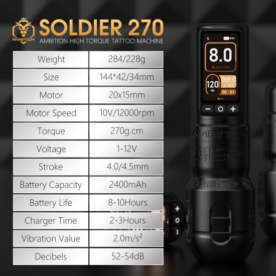 Ambition Soldier 270 S 2400mAh 4.0-4.5-5.0mm Stroke Tattoo Gun Brushless Motor Professional Wireless Rotary Tattoo Pen Machine