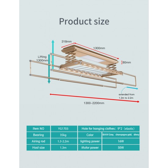 Smart Electronic Motorized Automatic Ceiling Hanging Dryer Lighting Included Clothes Drying Rack for Balcony Use