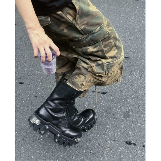 Extra Round Toe Battle Scars Distressed Lug Men Trendy Shoes Safety Climbing Hiking Biker Boots Strike Camo Canvas Combat Boot