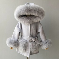Factory Wholesale Winter Warm Toddler Knitted Cashmere Wool Coat With Fox Fur Collar and Cuffs Kids Cashmere Coat