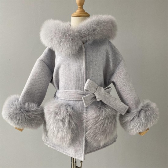 Factory Wholesale Winter Warm Toddler Knitted Cashmere Wool Coat With Fox Fur Collar and Cuffs Kids Cashmere Coat