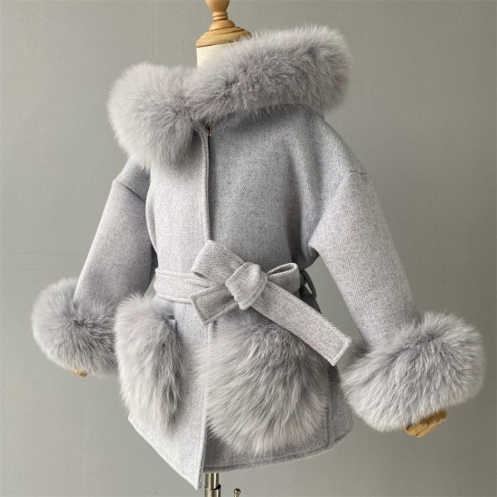 Factory Wholesale Winter Warm Toddler Knitted Cashmere Wool Coat With Fox Fur Collar and Cuffs Kids Cashmere Coat