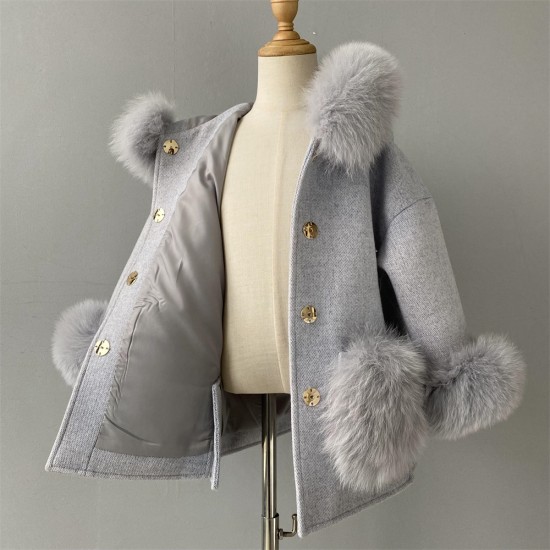 Factory Wholesale Winter Warm Toddler Knitted Cashmere Wool Coat With Fox Fur Collar and Cuffs Kids Cashmere Coat