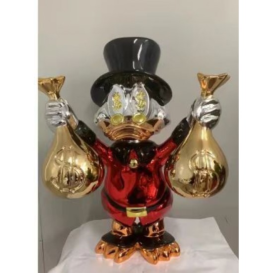 Customized Famous Cartoon Art Statue Fiberglass Colorful Duck with Money Bags  Sculpture Pop Statue for Home Decoration