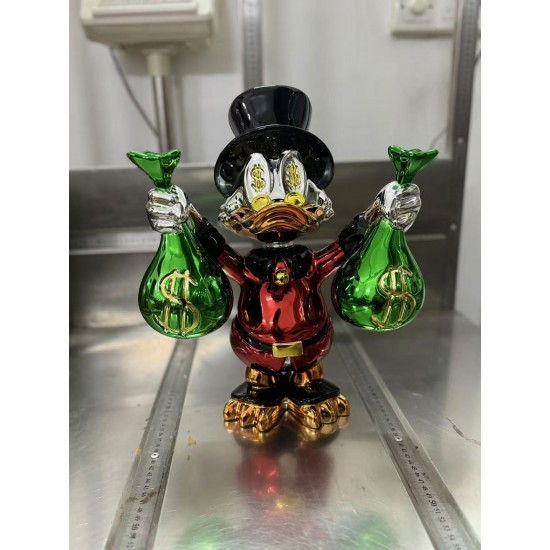 Customized Famous Cartoon Art Statue Fiberglass Colorful Duck with Money Bags  Sculpture Pop Statue for Home Decoration