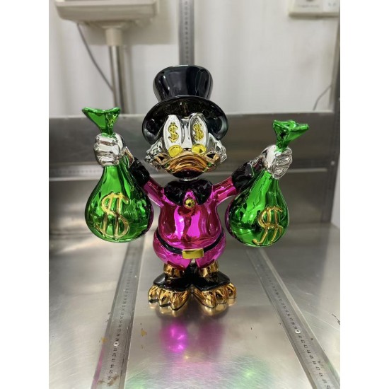 Customized Famous Cartoon Art Statue Fiberglass Colorful Duck with Money Bags  Sculpture Pop Statue for Home Decoration