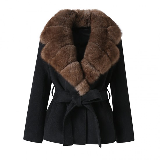 New Coming Women Wool Cashmere Coat Real Fur Collar Winter Trendy Wool Coat
