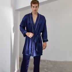 Silk Nightgown Set Long Pants Nightgown Silk Robe Trousers Suit 19 Momme Heavy Silk Men's Home Clothes Pajamas
