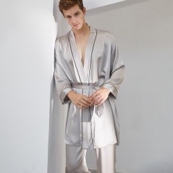 Silk Nightgown Set Long Pants Nightgown Silk Robe Trousers Suit 19 Momme Heavy Silk Men's Home Clothes Pajamas