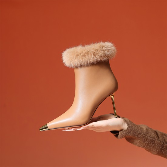 Winter Metal Cusp Women Shoes Rabbit Hair High Heel Genuine Leather Ankle Boots High Quality Sexy Brown Booties