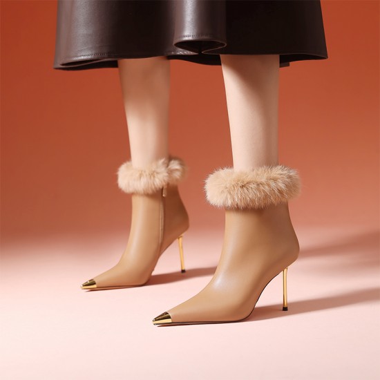 Winter Metal Cusp Women Shoes Rabbit Hair High Heel Genuine Leather Ankle Boots High Quality Sexy Brown Booties