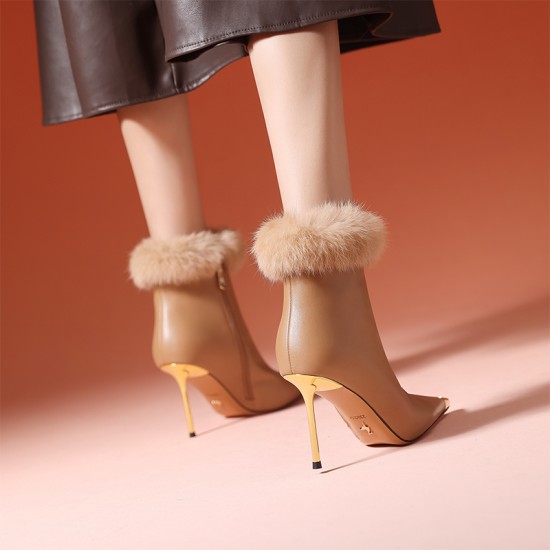 Winter Metal Cusp Women Shoes Rabbit Hair High Heel Genuine Leather Ankle Boots High Quality Sexy Brown Booties