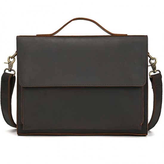 Men's Genuine Leather Shoulder Bag, Crazy Horse Leather Flap Crossbody Bag, 13 Inch Flap Business Tote