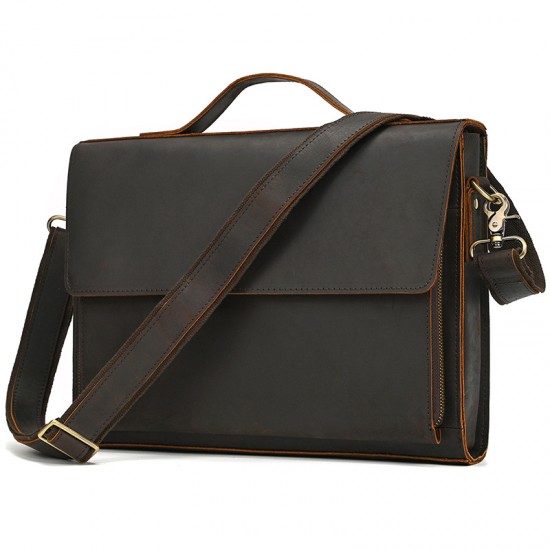 Men's Genuine Leather Shoulder Bag, Crazy Horse Leather Flap Crossbody Bag, 13 Inch Flap Business Tote