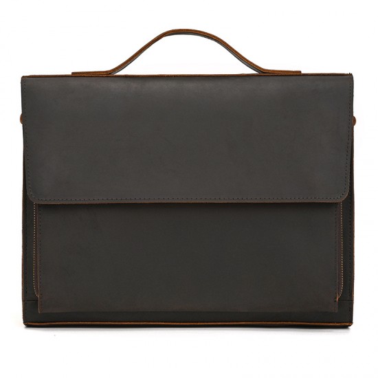 Men's Genuine Leather Shoulder Bag, Crazy Horse Leather Flap Crossbody Bag, 13 Inch Flap Business Tote