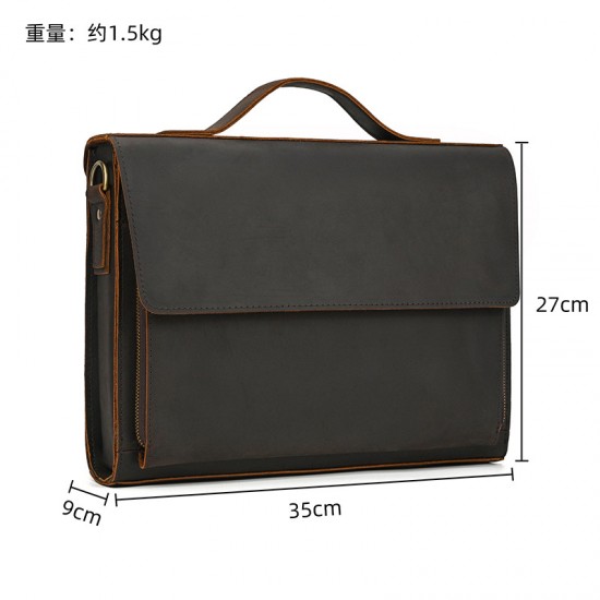 Men's Genuine Leather Shoulder Bag, Crazy Horse Leather Flap Crossbody Bag, 13 Inch Flap Business Tote