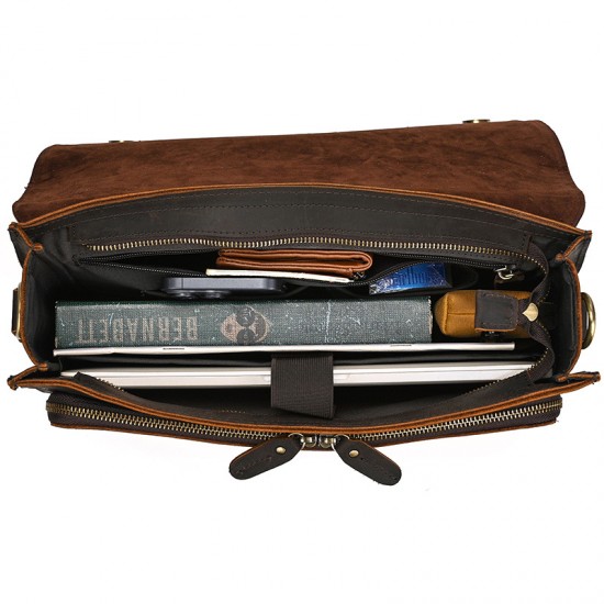Men's Genuine Leather Shoulder Bag, Crazy Horse Leather Flap Crossbody Bag, 13 Inch Flap Business Tote