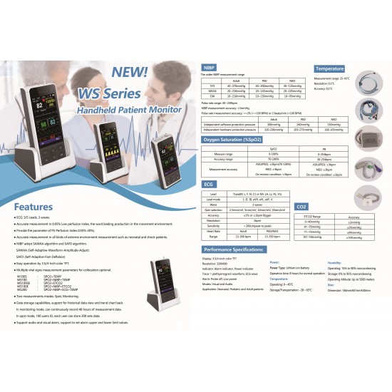 New Upgrade 3.5 Inch Color SPO2 NIBP TEMP Clinic Hospital Home Use Vital Signs Mini Portable Monitoring Handheld Patient Monitor
