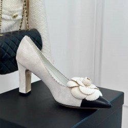 Small-scented pointed toe thick heeled high heels for women genuine leather shallow mouth French camellia single shoes